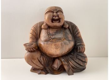 Hand Carved Wood Sitting Laughing Buddha Sculpture
