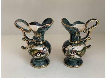 Pair Of Vintage Teal W Gold Details Castel Or BH Hand Painted Peacock Vases- Made In Belgium