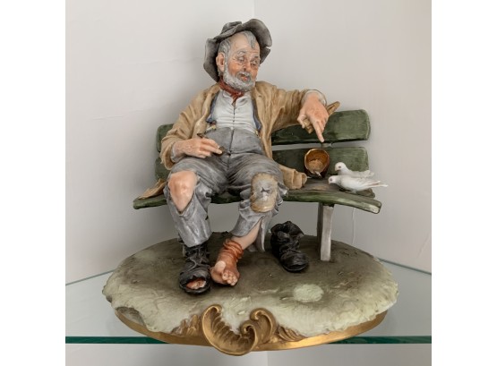 Exquisite Capodimonte Man On Bench With Pigeons Figurine ~ Signed B. Merli ~