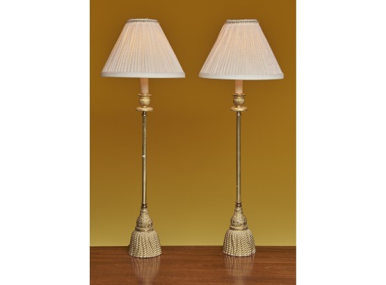 Pair Of Gold Gilt Tassel Design Buffet Lamps With White Pleated Shade