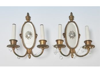Vintage Brass And Etched Glass Mirrored Sconces With Crystal Droplets
