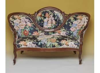 French Provincial Inspired Floral Upholstered Scalloped Back Rolling Sofa