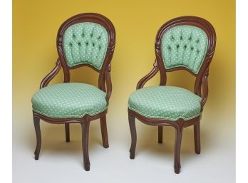French Provincial Inspired Chairs With Tufted Polka Dot Fabric, Decorative Carving And Cabriole Legs