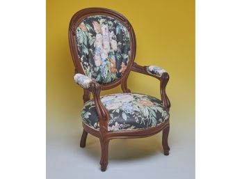French Provincial Inspired Accent Chair With Floral Sateen Tufted Fabric And Padded Armrests