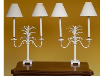 Pair Of White Metal Leaf Motif Dual Light Lamps With Paper Shades