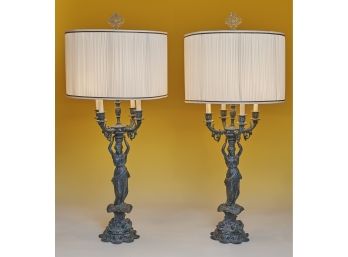 Greek Goddess Figural Candelabra Buffet Lamps With Ruched Fabric Shade And Ornamental Finial