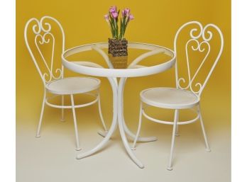 White Coated Iron Dinette Glass Top Cafe Table And 2 Chairs
