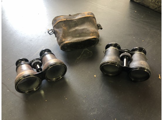 Pair Of Early To Mid 1900s Field Glasses/binoculars 12x Leather Wrapped One In Case Possible Military