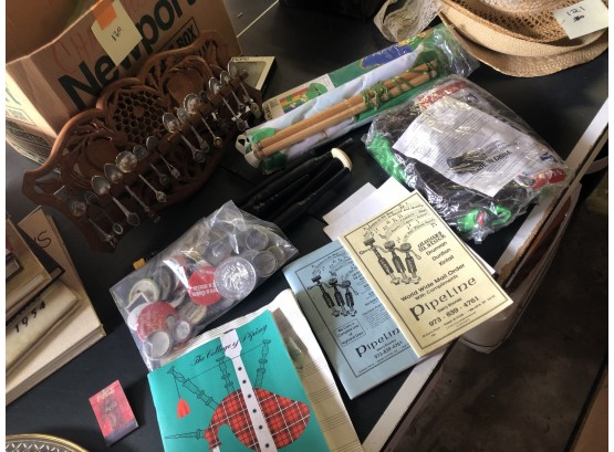 Flea Market Lot Of Vintage Items - Pinbacks - Inflatable Budweiser Flags - Souvenir Spoons & More