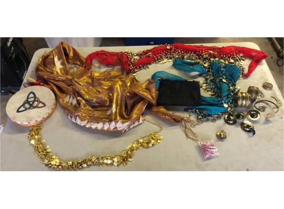 Cool Original Lot Of 1970S Up Belly Dancing Wares - Hip Skirts/jewelry - Brass Finger Cymbals- Bracelets &more