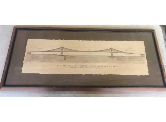 Wonderfully Framed Print Of The Original Brooklyn Bridge Civil Engineers Drawing Approx. 41x18