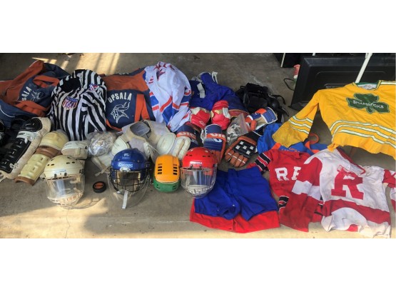 Huge Lot Of Vintage Hockey Gear  1950s Thru 80s -helmets - Pads - Vintage Jerseys - Upsala College Bags & More
