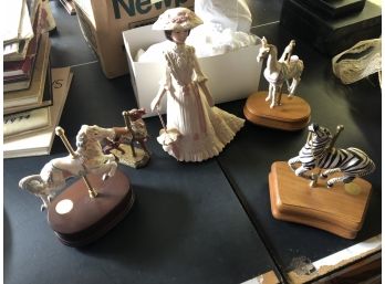 Lot Of Musical Carousel Animal Figurines & Ceramic Type Woman In Dress