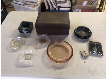 Antique Wood And Porcelain Humidor & 7 Ashtrays In Very Nice Condition