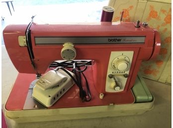 Vintage 1960s Brother Sewing Machine Festival Pink Watermelon W/ Pedal And Flowered Carry Case & Manual Tested