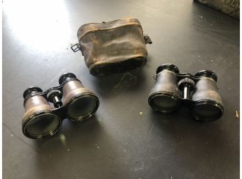 Pair Of Early To Mid 1900s Field Glasses/binoculars 12x Leather Wrapped One In Case Possible Military