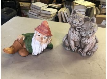 Lot Of Vintage Cement Concrete Gray Cuddling Cats Statue Figurine Garden Yard 11.25' & Knome/elf Filled Resin