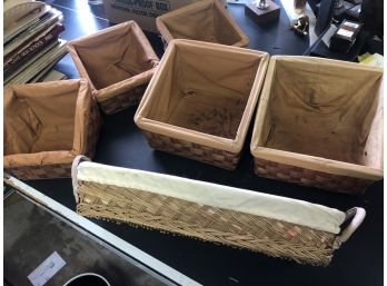Lot Of 5 Ratton/wicker Type Baskets With Cloth Inserts Small Approx 10' Wide Longest 22' See