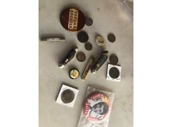 Lot Of Misc Items -1700s-1800s Foreign Coins -1896 Pinback & Military Buttons -  Pocket Knifes & More