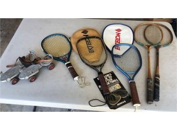 Vintage 1950s -970s Sports Equipment - Ektelon Racketball Racquets - Roller Skates - Badminton Racquets -