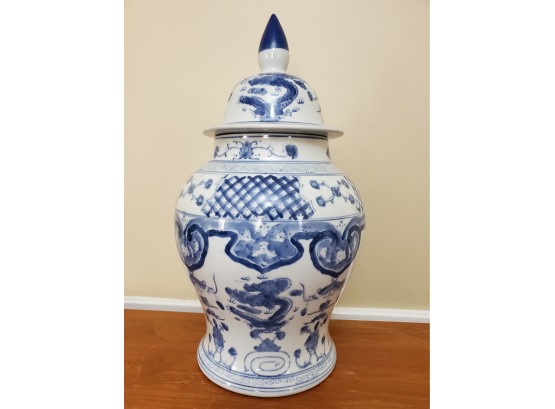 Cobalt Blue And White Asian Decorative Lidded Urn