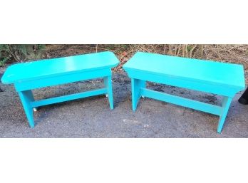 Pair Of Cute Handmade Turquoise Painted Garden Wood Benches