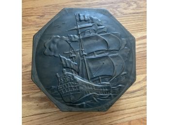 Antique Octogonal Tin Embossed With Ships