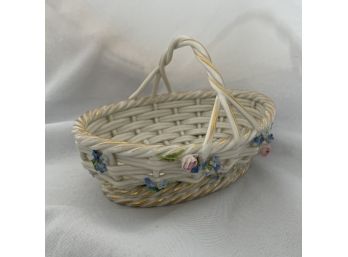 Exquisite Porcelain Enameled Flowered Handled Basket ~ Germany ~
