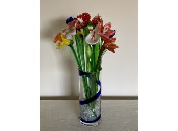 Stunning Lot Of Murano Assorted Glass Flowers In Vase