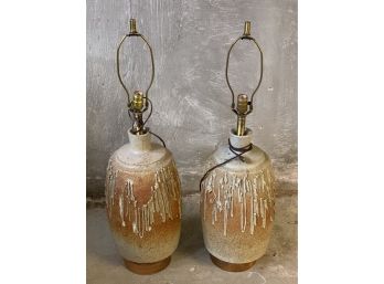Pair Of Vintage Italian Ceramic Lamps With Wood Base