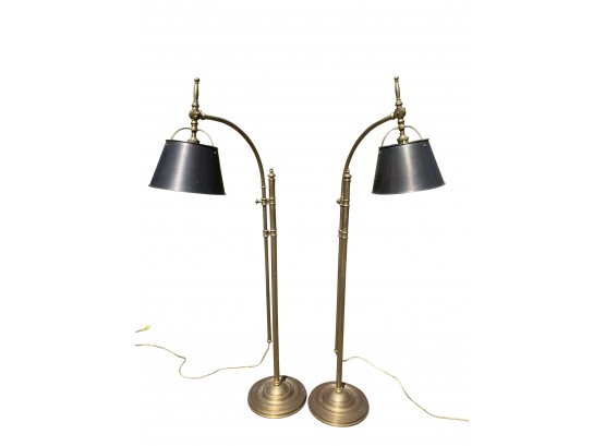 Pair Stunning Brass Floor Standing Lamps With Drop Bucket Shade