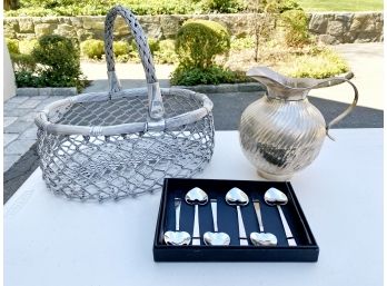 Bundle Of Serveware Item - Silver Pitcher, Heart Shaped Spoons And Wire Basket