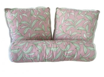Set Of 3 Custom Pink And Green Botanical Print Accent Pillows With White Ruffled Edges