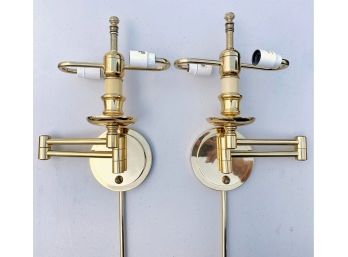 Pair Of Brass Finish Wall Mount Hinged Sconce Light Fixtures With Plug Option