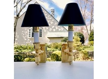Pair Of Brass Wall Mount Candlestick Sconce Light Fixtures With Shades