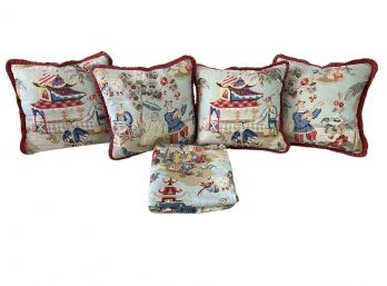 Bundle Of Brunschwig & Fils Oriental Motif Custom Accent Pillows And Drapery Panel