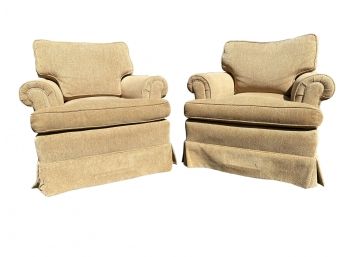 Pair Of Custom Textured Chenille Upholstered Swivel Club Chairs And Matching Ottoman