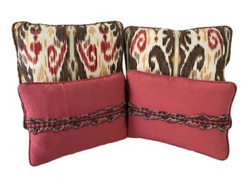 Bundle Of 4 Accent Pillows Ikat Design And Ornamental Solid With Cording Detail