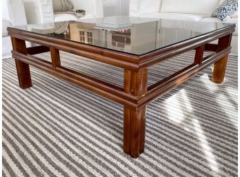 Glass Top Cocktail Table With Woven Rattan Panel Design Inlay