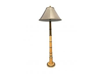 Mid-century Inspired Wooden Floor Lamp With A Silky Taupe Fabric Bell Shade