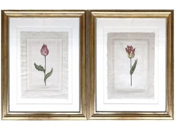 Pair Of Beaded Gold Leaf Framed French Tulip Watercolors On Linen, Trowbridge Framed