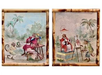 Pair Of Antique Inspired Monkey Prints On Board In Bamboo Frame