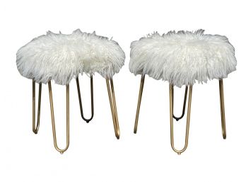 Pair Of Faux Shearling Stools With Gold Metal Legs