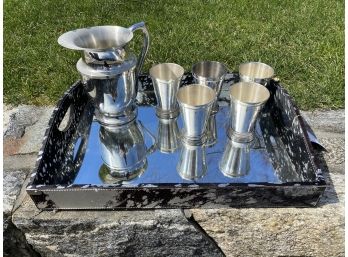 Mirrored Serving Tray With Pewter Pitcher And Cups