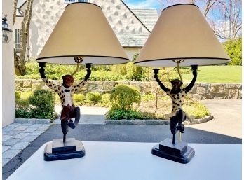 Pair Of Decorative Dancing Monkey Lamps With Optional Black Or Tan Paper Shades
