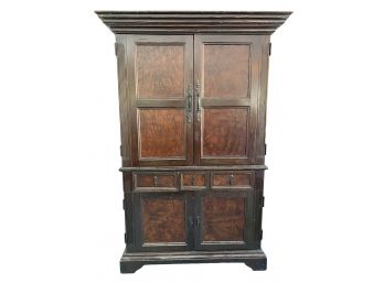 Tall Media Hutch Armoire With A Burled Coffered Panel Inlay And Ornamental Fleur De Lis Pulls