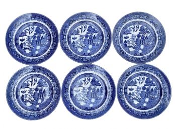 Rare Antique Blue & White Semi-vitreous Buffalo Pottery Set Of 6 Plates