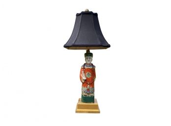Chinese Chinoiserie Porcelain Emperor Lamp With A  Fabric Paneled Bell Shade
