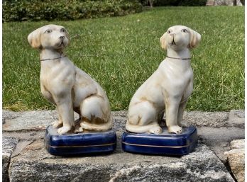 Pair Of Crackle Finish Porcelain Dog Figurine Bookends With Gold Trim Detail