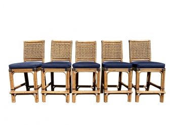 Palecek Rattan Counter Stools With A Woven Twisted Rope Backrest And Padded Seat Cushion - Set Of 5